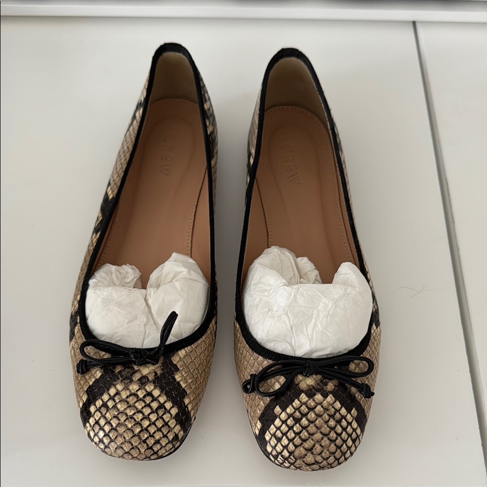 JCrew Black and Tan Ballet Flats with Snakeskin Pattern
